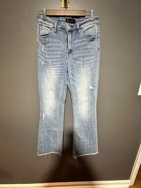 Risen Jeans Women’s 9/29 Distressed Cropped Bootcut Raw Hem Light Wash Denim